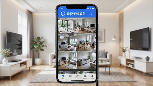 网视无忧软件主界面预览图,画面中一部智能手机显示着多个监控摄像头的实时画面,背景为现代简约家居环境,色调明亮,突出软件的品牌标识与安全监控主题