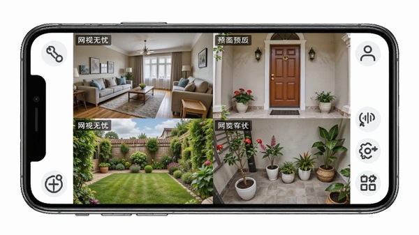 网视无忧多画面预览功能示意图,展示手机屏幕上四宫格监控画面,分别显示客厅、门口、庭院等不同场景,画面清晰明亮,周围有简洁的功能按钮图标