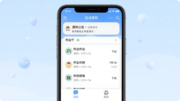 弘洋家校主界面预览图,画面中央显示手机屏幕,屏幕内是家校沟通软件主界面,顶部有通知公告栏、中部显示作业列表、底部有消息和我的选项卡,背景为淡蓝色渐变,整体风格简洁现代,突出家校互动主题