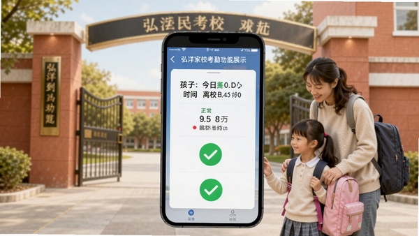 弘洋家校考勤功能展示,手机界面显示孩子今日到校时间和离校时间,下方有绿色对勾表示正常,背景为学校门口场景,有家长和孩子,画面温馨,突出安全放心感