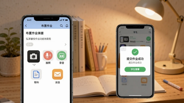 弘洋家校作业功能场景图,左侧是老师手机界面显示布置作业页面,包含拍照、录音、选择科目图标,右侧是学生手机界面显示提交作业成功提示,背景为书桌和台灯,风格写实温暖