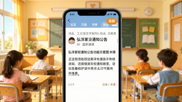 弘洋家校通知公告功能示意图,手机屏幕上显示一条学校通知详情,包含标题、正文和已读/未读状态标记,右上角有提醒按钮,背景为温馨的教室场景,色彩明亮清晰