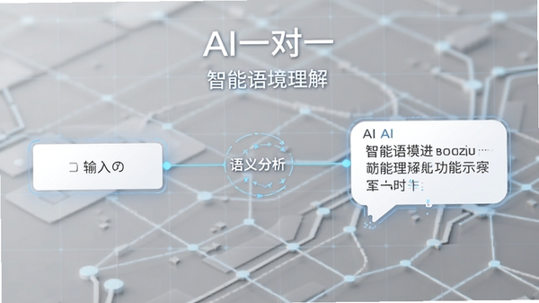 AI一对一智能理解功能示意图,画面左侧为输入框,右侧为AI回复气泡,中间用线条连接表示语义分析过程,背景为浅灰色科技感网格,突出“智能语境理解”主题,画面中显示“AI一对一”名称,风格简约专业,适配Boogu模型生成
