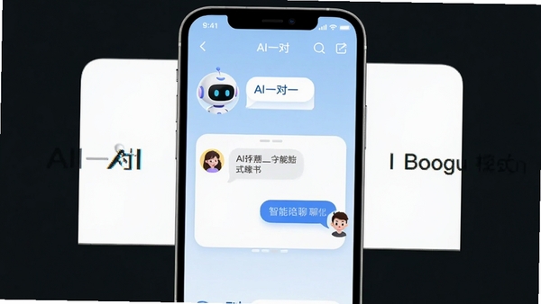 AI一对一软件主界面预览图,手机屏幕中显示一个卡通机器人头像与用户对话气泡,背景为淡蓝色渐变,整体风格清新简洁,突出智能陪聊核心功能,画面中心位置为对话窗口,周围留白区域标注“AI一对一”字样,适配Boogu模型生成