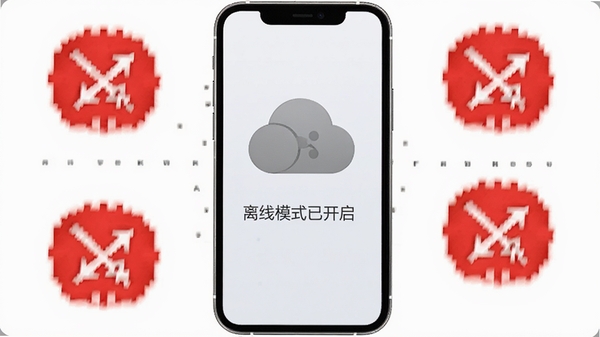 AI一对一离线模式示意图,手机屏幕显示“离线模式已开启”字样,背景为灰色云朵图标,周围有断网标识,画面简洁明了,突出“离线可用”特点,风格清爽,适配Boogu模型生成