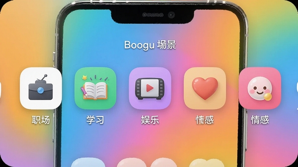 AI一对一多场景切换界面,手机屏幕上展示一排场景图标,包括职场、学习、娱乐、情感等,每个图标下方有中文标签,背景为多彩渐变色,画面主体为图标排列,突出“多场景”特性,风格活泼明快,适配Boogu模型生成