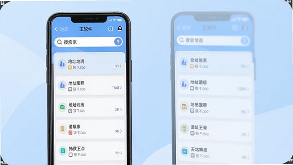 地址王软件主界面预览图,手机屏幕展示地址列表分类管理功能,背景为现代简约风格,浅蓝色调,突出地址卡片与搜索栏,画面清晰明亮,适配Boogu模型生成。