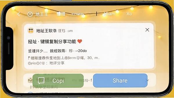 地址王软件一键复制分享功能截图,手机屏幕显示地址详情页,下方有复制和分享按钮,背景为温馨的暖黄色调,突出操作按钮的便利性。
