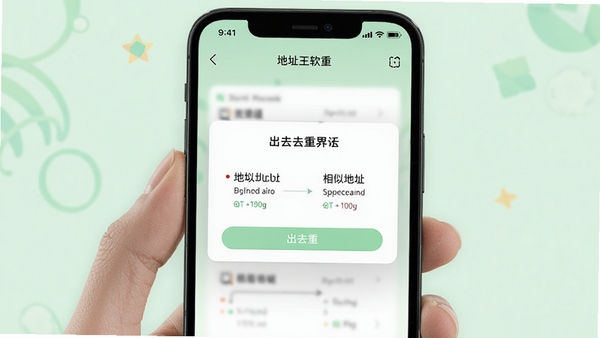 地址王软件智能去重功能演示,手机屏幕弹出去重提示框,显示两个相似地址对比,背景为淡绿色清新风格,界面简洁易懂。
