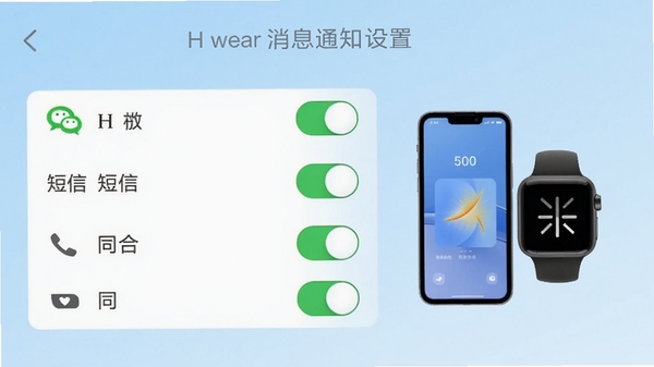 H wear消息通知设置界面,显示微信、短信、来电等开关选项,界面简洁,配有手机与手表同步的示意图,背景为浅蓝色渐变,突出功能实用性