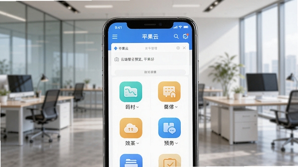 平果云主界面预览图,展示其简洁的云端管理面板,背景为现代化的办公环境,前景是手机屏幕显示平果云的文件分类图标,色彩明快,突出高效与便捷,整体风格写实,光线柔和,画面中心为APP界面,周围留白适合文字排版