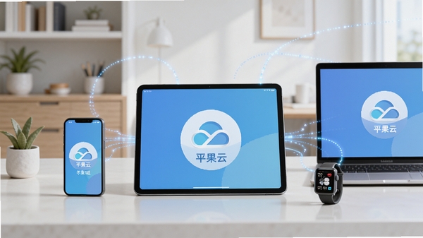 平果云多设备同步场景图,画面中央是一台平板电脑,周围环绕手机、笔记本电脑和智能手表,均显示平果云同步完成的标识,背景为现代简约书房,风格扁平化结合轻微拟物,色彩和谐,强调跨平台无缝协作,细节包括设备间闪烁的数据连线