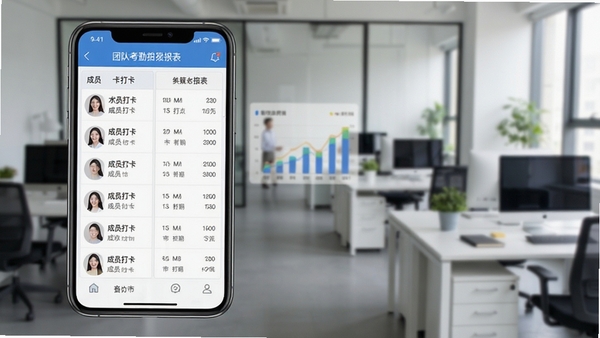 水印相机拍照打卡团队考勤报表界面,手机屏幕显示成员打卡列表和统计图表,背景为办公环境,屏幕内容清晰,数据表格样式,界面简洁现代