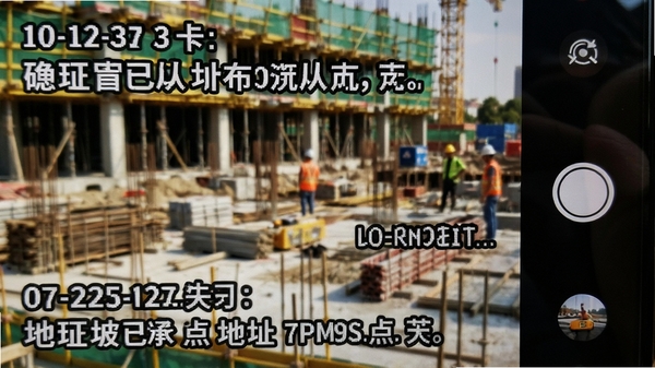 水印相机拍照打卡时间地点水印效果特写,照片角落显示清晰日期时间和详细地址文字,背景为建筑工地场景,手机拍摄界面,水印文字醒目,光线自然,细节丰富