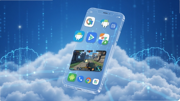 YunPhone云手机核心全貌概念图,画面主体为一台悬浮在云端的透明智能手机,屏幕内显示着多个正在运行的安卓应用图标和游戏画面,背景为蓝色科技感数字云层,整体光影明亮,突出虚拟化与高效便捷的感觉