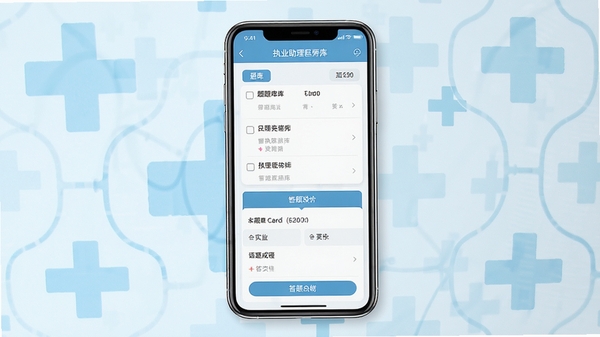 执业助理医师软件主界面展示图,中央显示手机屏幕,屏幕上有题库列表和答题卡界面,背景为淡蓝色医疗十字图案,整体风格干净专业,浅色调,高清渲染
