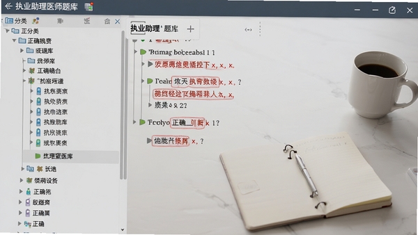 执业助理医师题库界面截图,左侧显示分类树状目录,右侧显示选择题并带有红色标记的正确答案,背景为浅灰色桌面,旁边放有笔记本和咖啡杯,写实风格