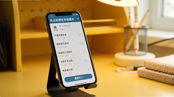执业助理医师错题本界面,显示错题列表和重新练习按钮,背景为暖黄色书桌,手机放在支架上,屏幕清晰,自然光线,摄影风格