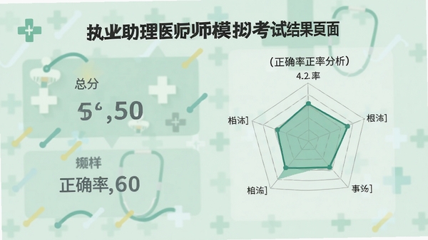 执业助理医师模拟考试结果页面,显示总分、正确率以及雷达图分析,背景为淡绿色医疗风格,图表清晰,现代扁平化设计