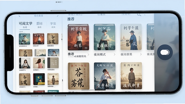 可阅文学手机阅读软件主界面预览图,展示书架分类、推荐书籍列表和夜间模式切换按钮,界面简洁清新,背景为淡蓝色调,书籍封面错落有致,整体风格现代扁平化设计,高清渲染,适合作为软件介绍首图
