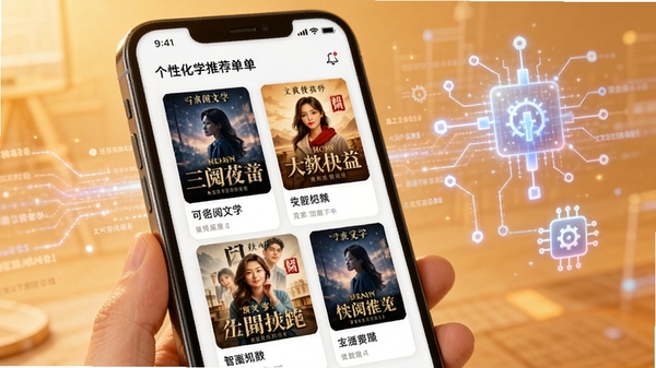 可阅文学智能推荐功能示意图,手机屏幕显示个性化推荐书单,包含多本热门小说封面,背景有数据流和算法图标,突出人工智能推荐概念,色调温暖明亮,渲染清晰