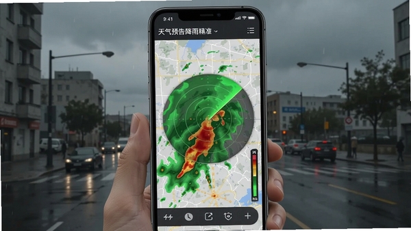 天气预告降雨预报界面,手机屏幕显示地图上覆盖绿色到红色的降雨区域,模拟雷达扫描动态效果,背景为阴天城市街道,强调实时性与精准度