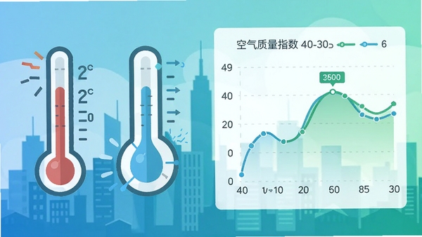 天气预告软件功能示意图,画面左侧显示温度计与湿度计图标,右侧展示空气质量指数折线图,背景为城市天际线,色彩以蓝色与绿色为主,体现数据可视化特性