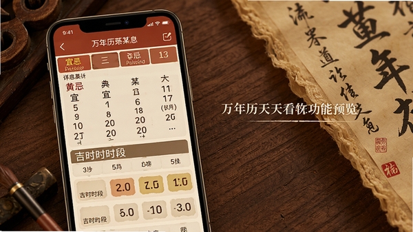 万年历天天看软件功能预览图,画面主体为手机界面展示某一天的详细黄历信息,包括宜忌列表和吉时时段,背景区域为古朴的木质纹理与书法元素,色调温暖,细节丰富。