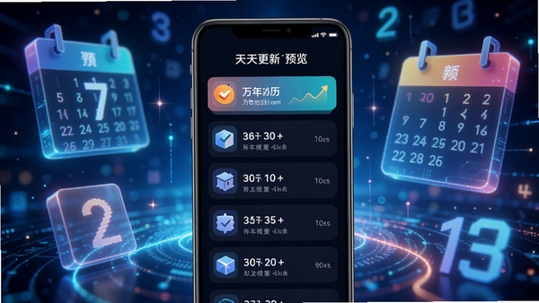 万年历天天看软件更新日志预览图,画面主体为手机屏幕展示新版本功能列表,背景区域为科技感的光效与日历数字元素,风格现代,色彩明快。