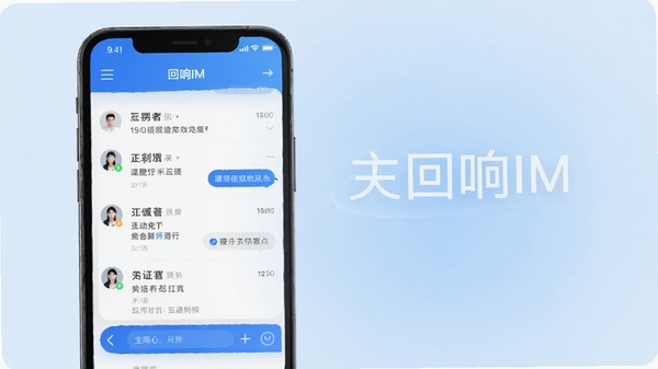 回响IM 主界面预览图,画面主体为手机屏幕内简洁的聊天列表与对话框,背景为干净柔和的渐变色,突出软件清爽的UI设计风格,整体色调偏蓝白,营造高效、专业的通讯氛围。