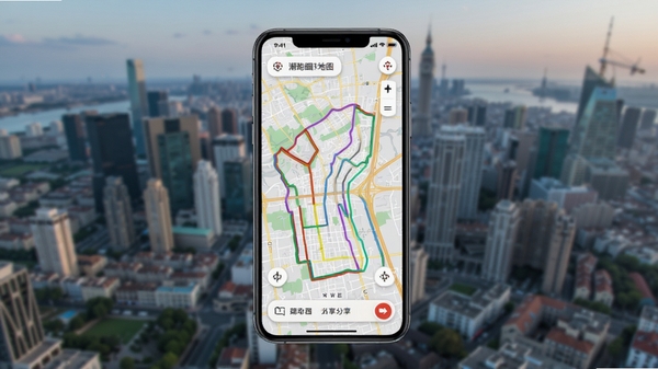 潮跑圈路线地图展示图,手机屏幕显示城市地图与多条彩色跑步路线,背景为城市俯瞰图,画面清晰,突出路线规划与分享功能,主体居中,背景虚化,适合Boogu模型生成