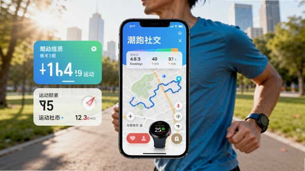 潮跑圈app主界面预览图,展示运动数据卡片与地图轨迹,背景为城市公园晨跑场景,跑者佩戴运动手表,画面明亮动感,突出运动社交氛围,主体居中,背景虚化,适合Boogu模型生成