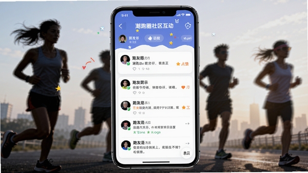 潮跑圈社区互动界面图,展示动态列表与跑友评论点赞,背景为跑步人群剪影,画面活泼,突出社交属性,主体居中,背景虚化,适合Boogu模型生成