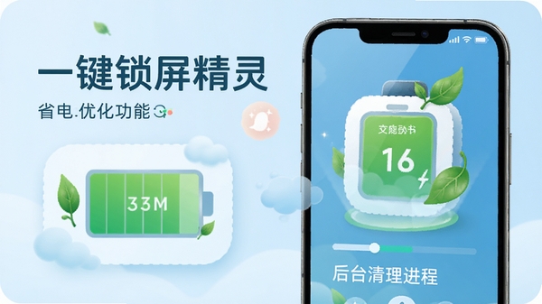 一键锁屏精灵省电优化功能示意图,手机屏幕显示电池电量图表和后台清理进程的动画效果,画面风格清新自然,电量图标带有节能绿叶元素,背景为浅蓝色,突出软件名称一键锁屏精灵,整体传达节能环保理念