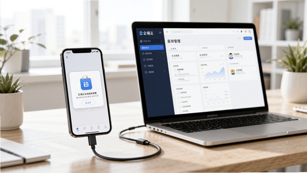 企福云安装与使用教程场景图,画面展示一部手机连接数据线并弹出安装包界面,旁边有一台笔记本电脑显示企福云后台管理界面,背景为明亮的办公桌,整体风格写实干净,Boogu模型生成