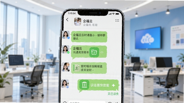 企福云即时通讯功能示意图,画面展示手机上的聊天界面,包含群聊窗口、文件传输图标和已读回执标记,背景融入企业办公场景元素,色调清新明亮,突出企福云沟通高效便捷的特点