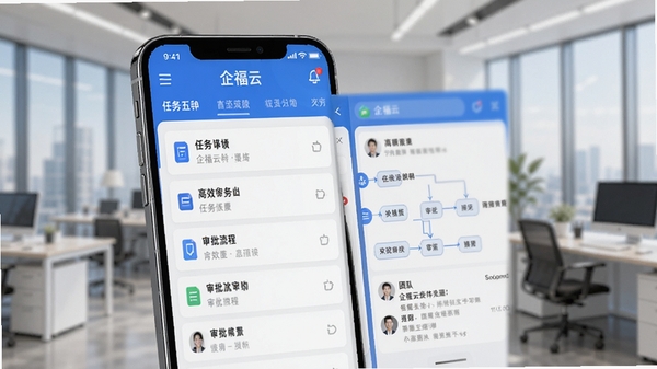 企福云软件主视觉图,画面展示一部智能手机屏幕上的企福云应用界面,背景为模糊的现代化办公室场景,界面清晰显示任务列表、审批流程和团队沟通窗口,整体色调以蓝色和白色为主,体现高效、专业的移动办公氛围,Boogu模型生成