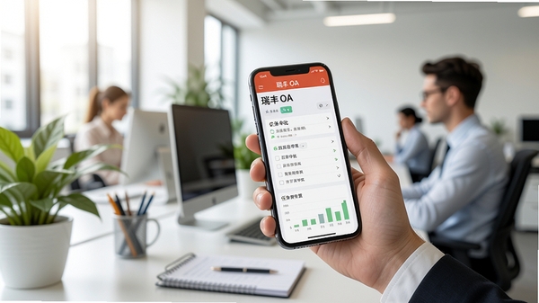 现代企业办公场景,一位职场白领手持手机使用瑞丰OA软件,屏幕显示清晰的任务审批界面,背景为明亮的办公室环境,前景有绿植和办公桌,画面明亮清新,突出移动办公的便捷与高效,整体构图以手机为视觉中心,采用写实风格,细节丰富,色彩自然。