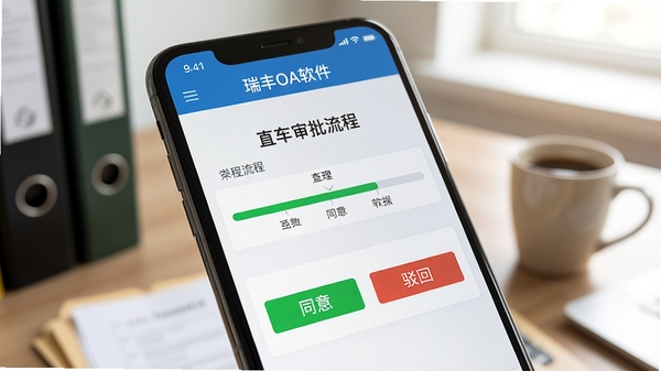 手机屏幕特写展示瑞丰OA软件的审批流程界面,界面上有清晰的“同意”和“驳回”按钮,以及流程进度条,背景为虚化的办公桌面,放有文件夹和咖啡杯,画面风格写实,突出软件在流程处理上的直观与高效,光线柔和,细节清晰。