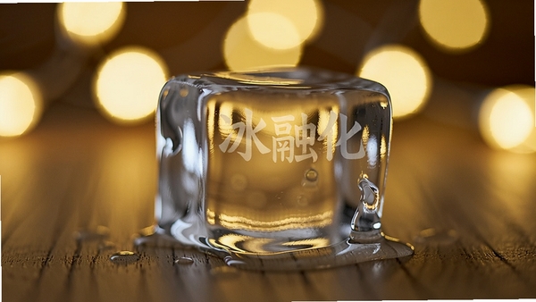 画面主体为一块放置在木质桌面上的透明冰块,背景是柔和模糊的暖黄色灯光,冰块一角正在缓缓融化,水滴清晰可见,整体氛围宁静治愈,特写镜头,高清画质,突出“冰块融化”应用的解压属性
