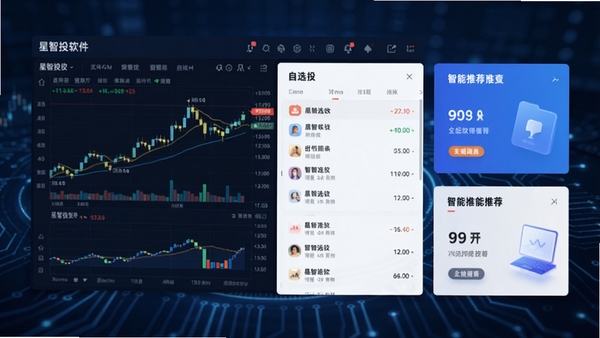 星智投软件主界面预览图,展示股票行情图表、自选股列表、智能推荐卡片,背景为深蓝色科技感金融风格,界面简洁清晰,数据可视化图表丰富,整体风格专业且现代