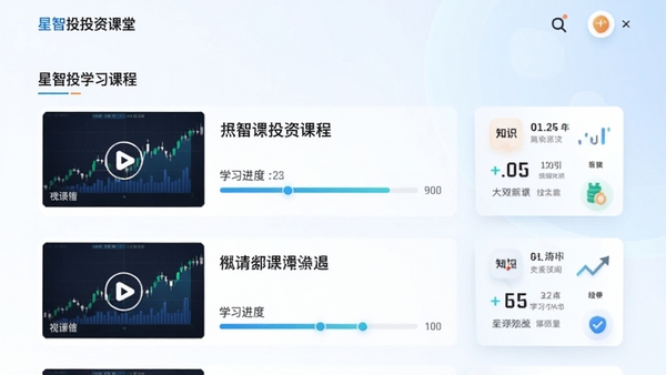星智投投资课堂页面,展示课程列表,包含视频课程封面、标题、学习进度条,风格简洁明快,有金融图表和知识卡片元素,整体色调明亮,突出教育学习氛围