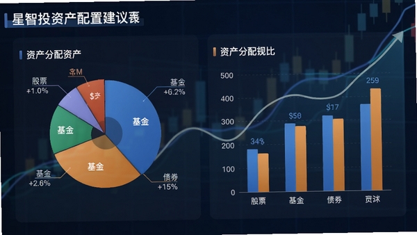 星智投资产配置建议界面预览,展示饼状图、柱状图展示资产分配比例,包含股票、基金、债券等模块,背景有经济走势曲线,整体风格专业、清晰,突出理财规划概念