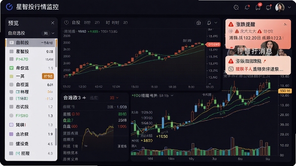 星智投行情监控页面预览,展示股票分时图、K线图、盘口数据,界面包含自选股列表和涨跌提醒消息,整体设计以深色背景为主,数据刷新流畅,视觉重点突出价格走势和提醒标记