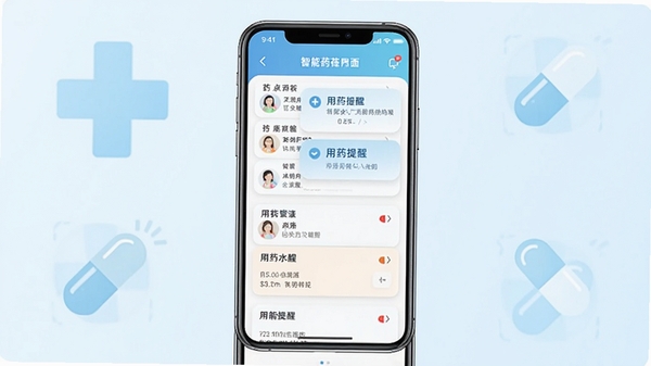 即库软件主界面展示图,画面中央是一部智能手机,屏幕显示药品列表与用药提醒卡片,背景为柔和的浅蓝色医疗十字与药丸图标,整体风格干净明亮,突出智能用药管理的核心功能