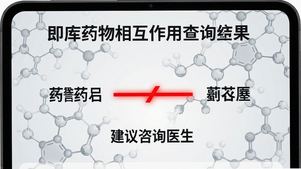 即库药物相互作用查询结果页,屏幕显示两种药品名称之间有一条红色警告连线,下方有“建议咨询医生”字样,背景为浅灰色医学分子结构图,风格专业严谨,突出安全警示