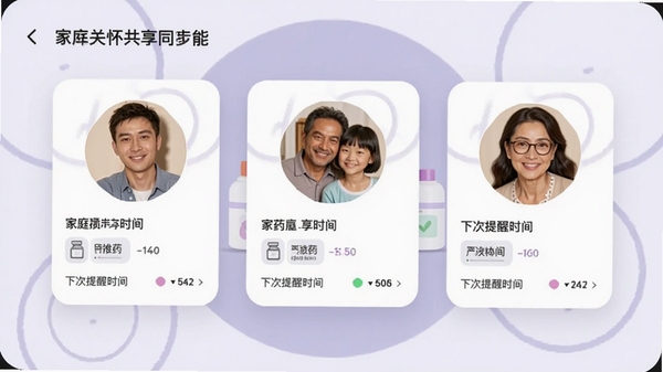 即库家庭共享功能界面,画面显示多个家庭成员头像卡片,每个卡片下有用药记录与下次提醒时间,背景为淡紫色圆形装饰,整体风格温馨,强调家庭关怀与数据同步