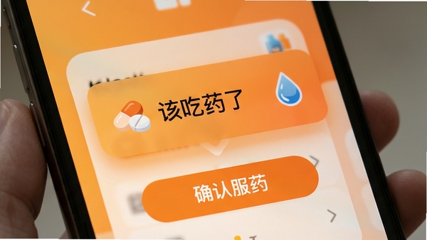 即库用药提醒功能示意,手机屏幕弹出“该吃药了”的悬浮通知,旁边有药片与水滴图标,背景为温暖的橙色渐变,画面下方有“确认服药”按钮,整体视觉突出时间与提醒的紧迫感