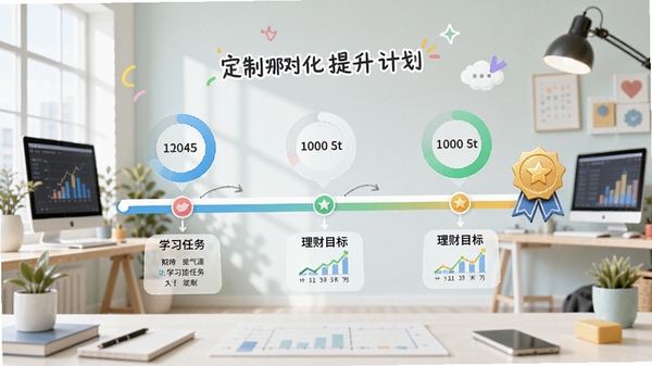 富业软件的定制化提升计划页面,以时间轴形式展示学习任务与理财目标,界面风格清新活泼,配有进度环和奖励徽章元素,背景为明亮的工作室环境,突出个性化和成长主题,色彩明快