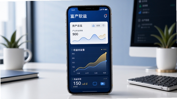 富业软件主界面预览图,展示简洁明亮的资产管理仪表盘,手机屏幕中央显示资产总览与收益曲线,背景为现代简约的办公桌面,色彩以蓝色和金色为主,突出专业与财富感,整体画面清晰,适合应用商店展示风格